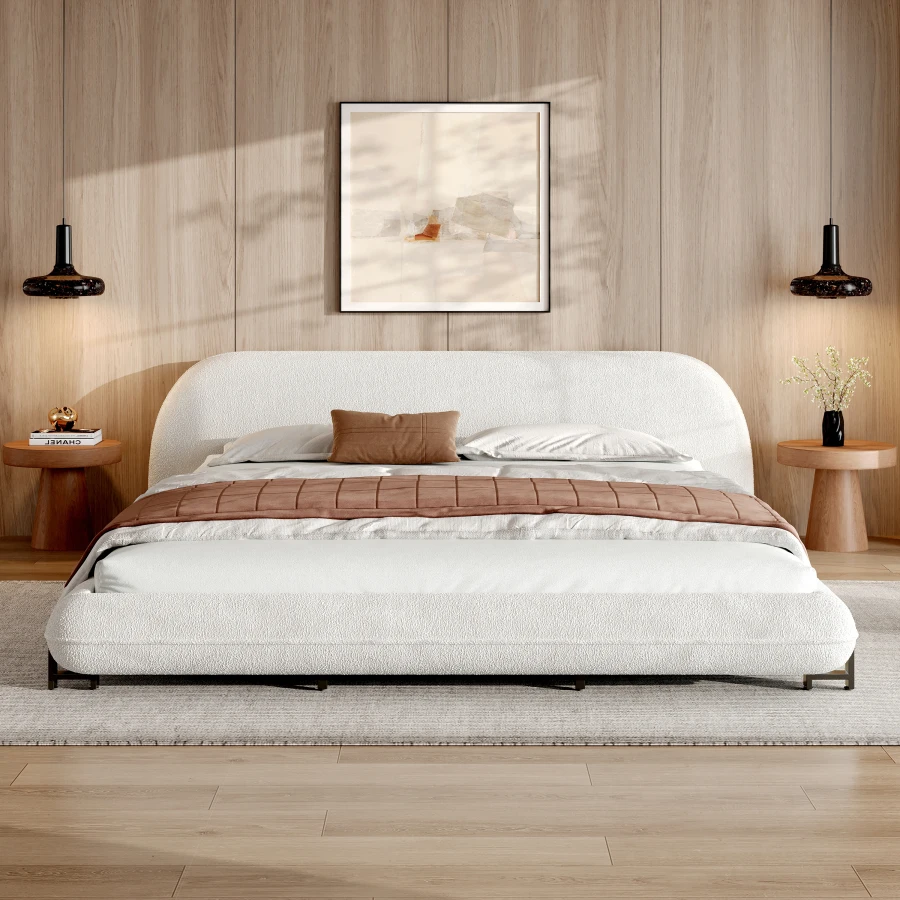 King Size Bed Frame with Boucle Fabric, Upholstered Platform Bed with Curve-Shaped Design and Thick Headboard, White Wear Resis view 2