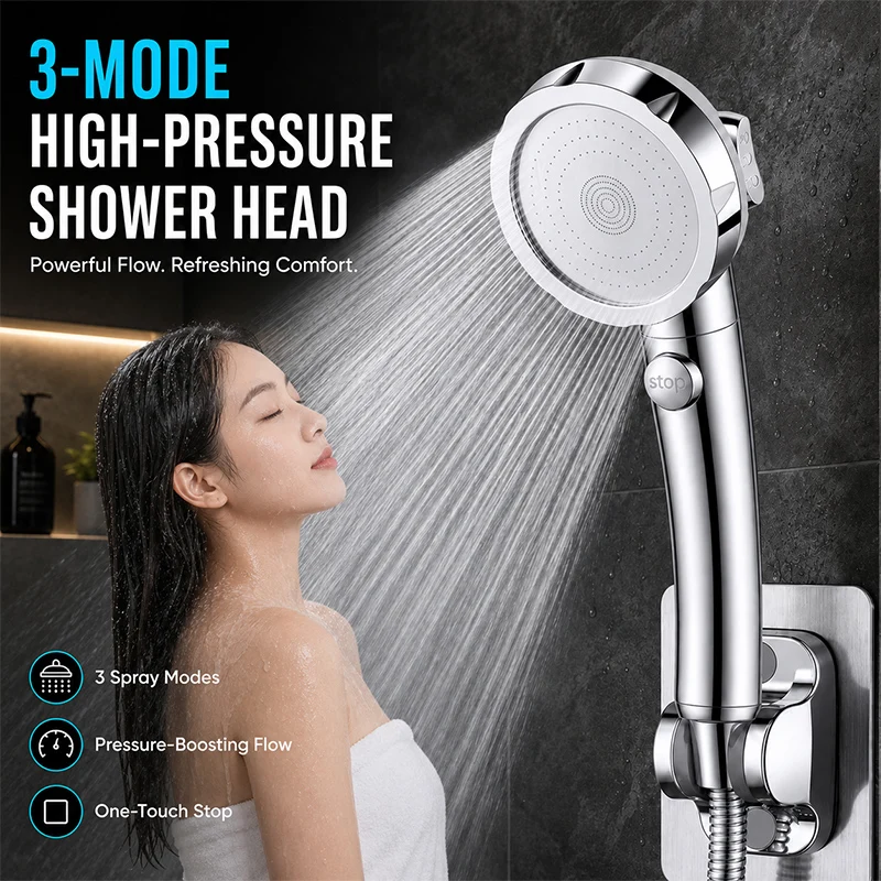 3 Modes Diamond Silver Handheld Shower Head High Pressure Booster One‑Button Water Stop Home Bathroom Shower Sprayer Set