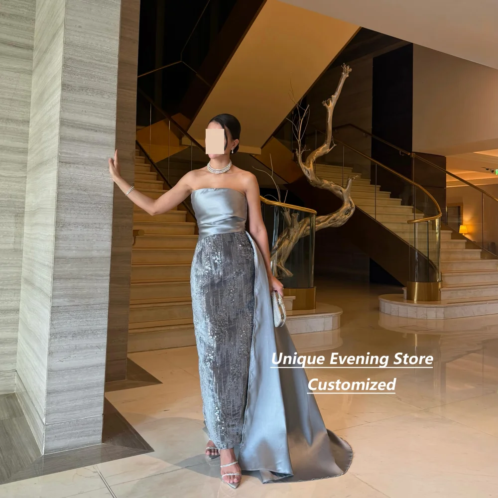 Customized Silver Strapless Satin Sequin Mermaid Mother Of The Bridal Dresses With Side Overskirt Formal Wedding Guest Dress