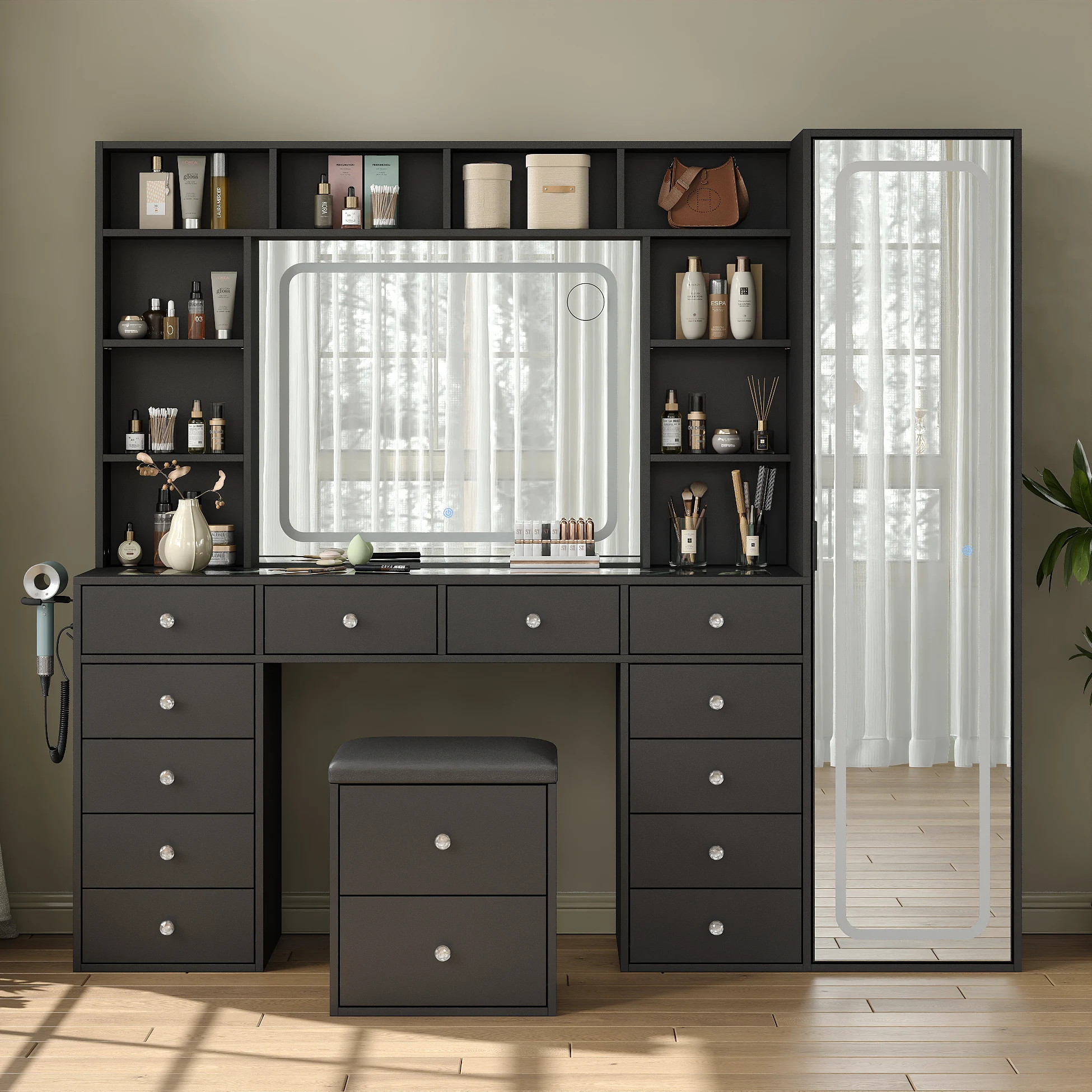 Vanity Desk with Full-Length & LED Mirror, 14 Drawers, 10 Shelves, Hidden Storage, Power Outlet, Dimmable 3-Color Lighting, Black Makeup Vanity for Bedroom