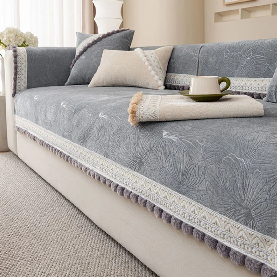 Tassel Pom-pom Sofa Cover Cream Style Jacquard Straight Sofa Throw Blanket Machine Washable Four Seasons Universal Home Decor