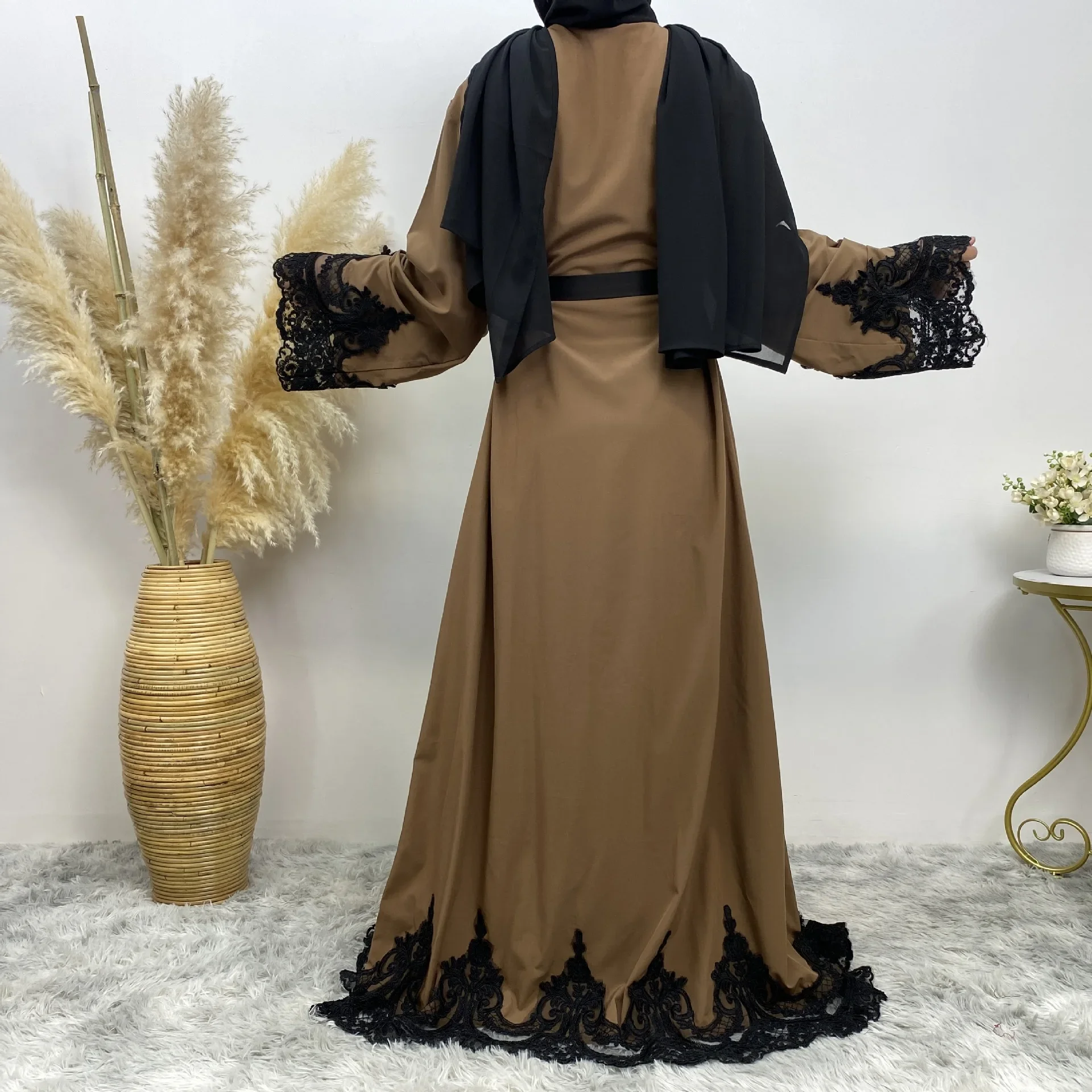 Fashion Robe Dark Brown Women Arab Clothing Muslim Cardigan Long Loose Maxi Cardigan Robe Abaya
