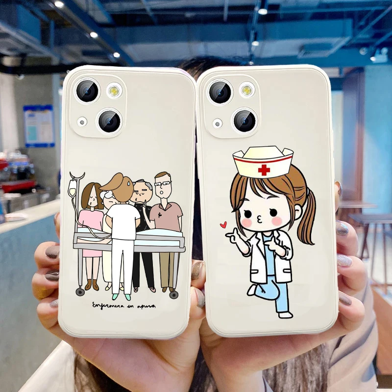 

Spain Cartoon Medicine Doctor Nurse Phone Case For iPhone 13 12 11 14 15 16 Pro MAX 15 16 Plus Shockproof Cover White Fundas