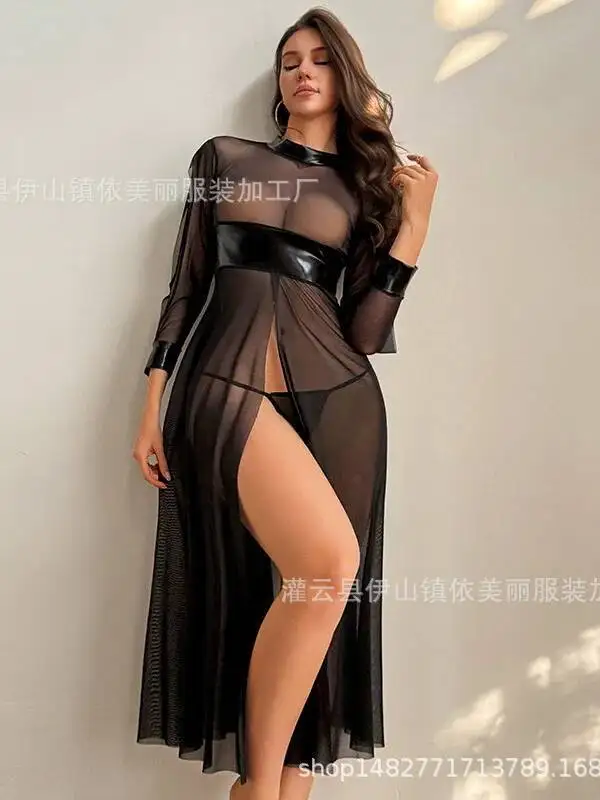 新しい ‌ セクシーな黒のメッシュシースルーロングスリーブドレス、ハイ スリット入りエロティックガウン、透明感のあるピュアな欲望の美しいドレス、チャーム593Z