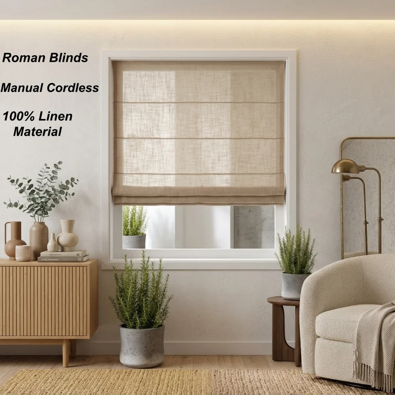 100% Linen Roman Shades Flax Light Filtering Fabric Adjustable Lighting Manual Cordless Flax Roman Blinds For Custom Window Size