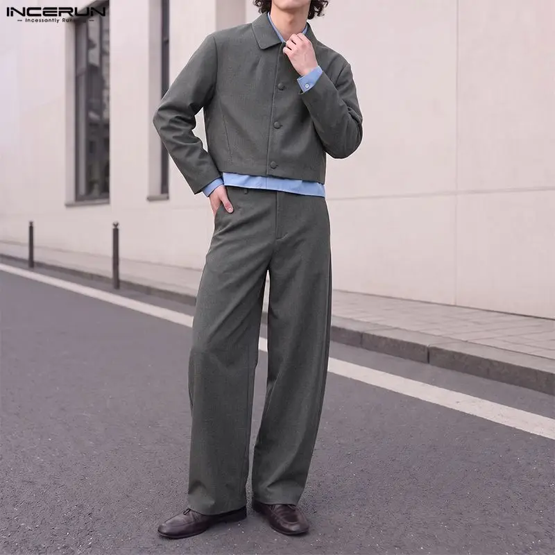 Men's Sets Solid Color Streetwear Long Sleeve Crop Jackets Pants Two Piece Sets Casual Tracksuits Men Matching Sets INCERUN 2026