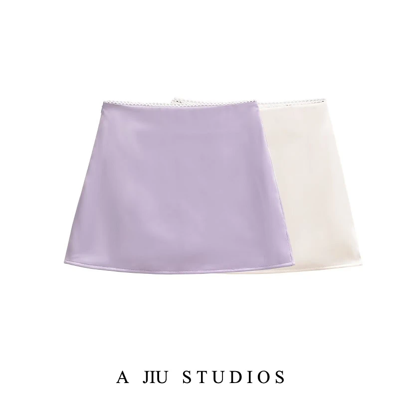 Pure Desire Sexy Lace Trim Satin A-Line  Skirt Women's High Waist Slim Fit Side Zipper Sexy Bodycon Short Skirt