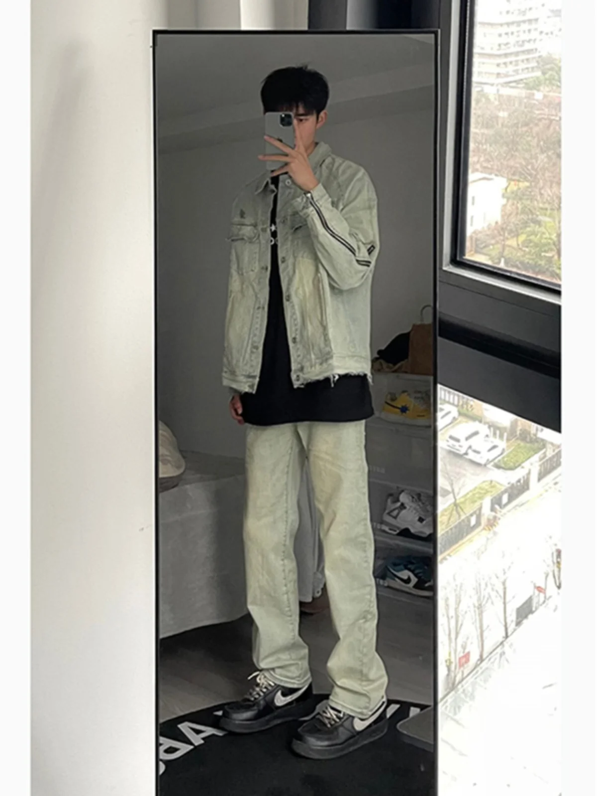 

American Retro Men's Jeans High Waist Straight Leg Slim Fit Micro Flared Pants Autumn Wear Yellow Mud Denim Youth Faion