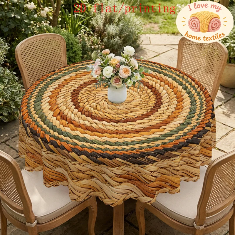 Embroidered tablecloth 1 piece / Yellow, Green, Brown multi-color concentric spiral straw woven round patterned tablecloth
