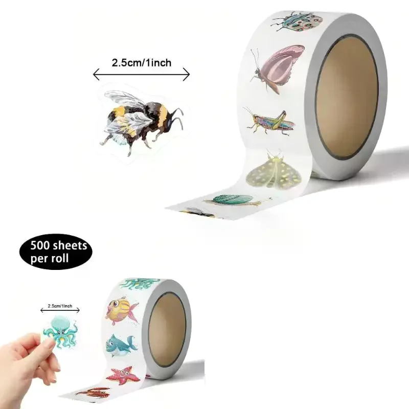 500Pcs/roll Cartoon Animal Stickers Ocean Marine  Bug Self Adhesive Waterproof Decals DIY Scrapbook Craft Reward Decor