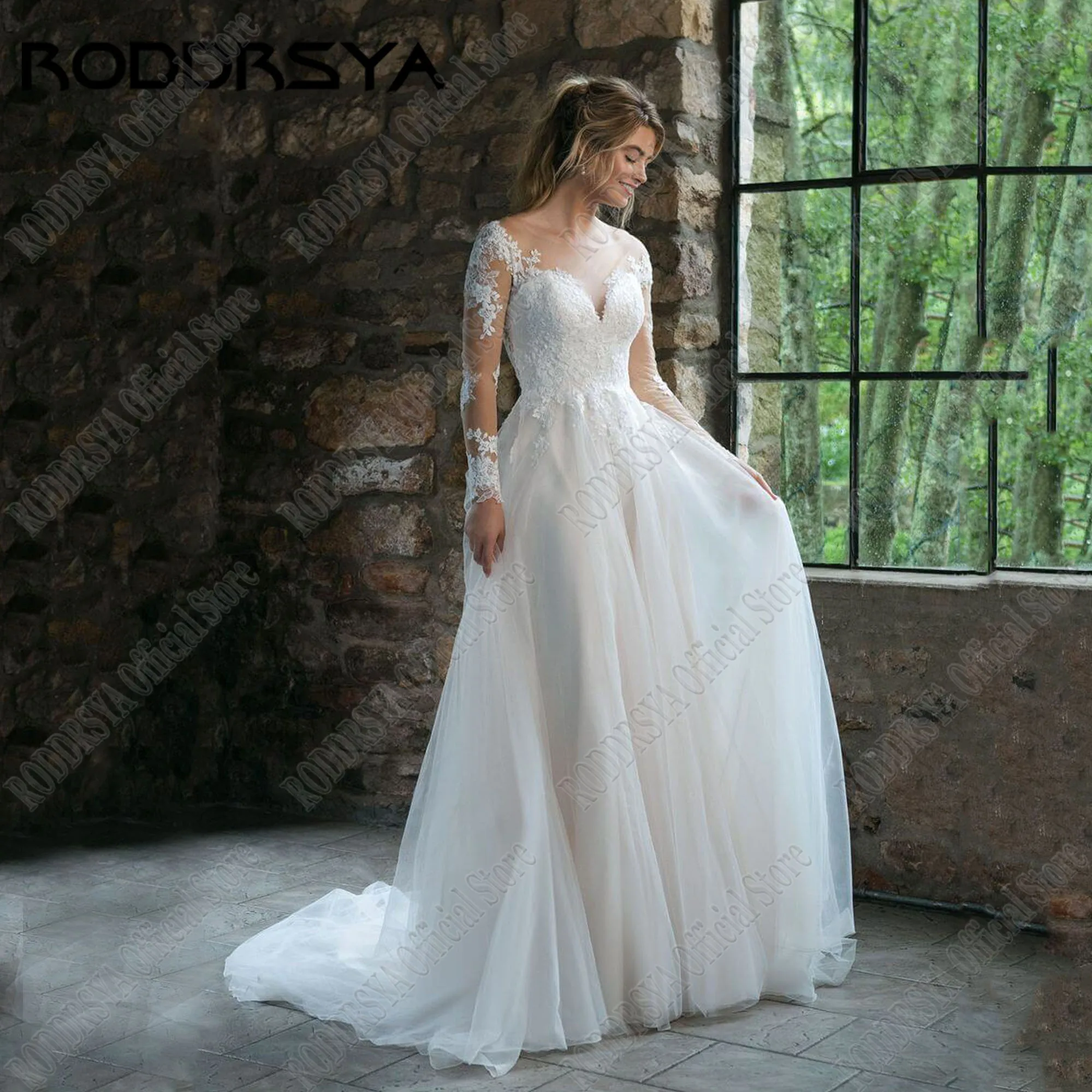 

RODDRSYA Elegant Lace Wedding Dress Long Sleeve Appliques O Neck A-Line Illusion Back Bridal Gown Customized Bride Dresses