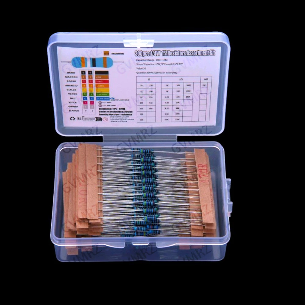 300pcs 10R-10K 1/4W 10K metal film resistor sample pack, 1% accuracy 30 commonly used resistance values 10R 22R 47R 100R 150R