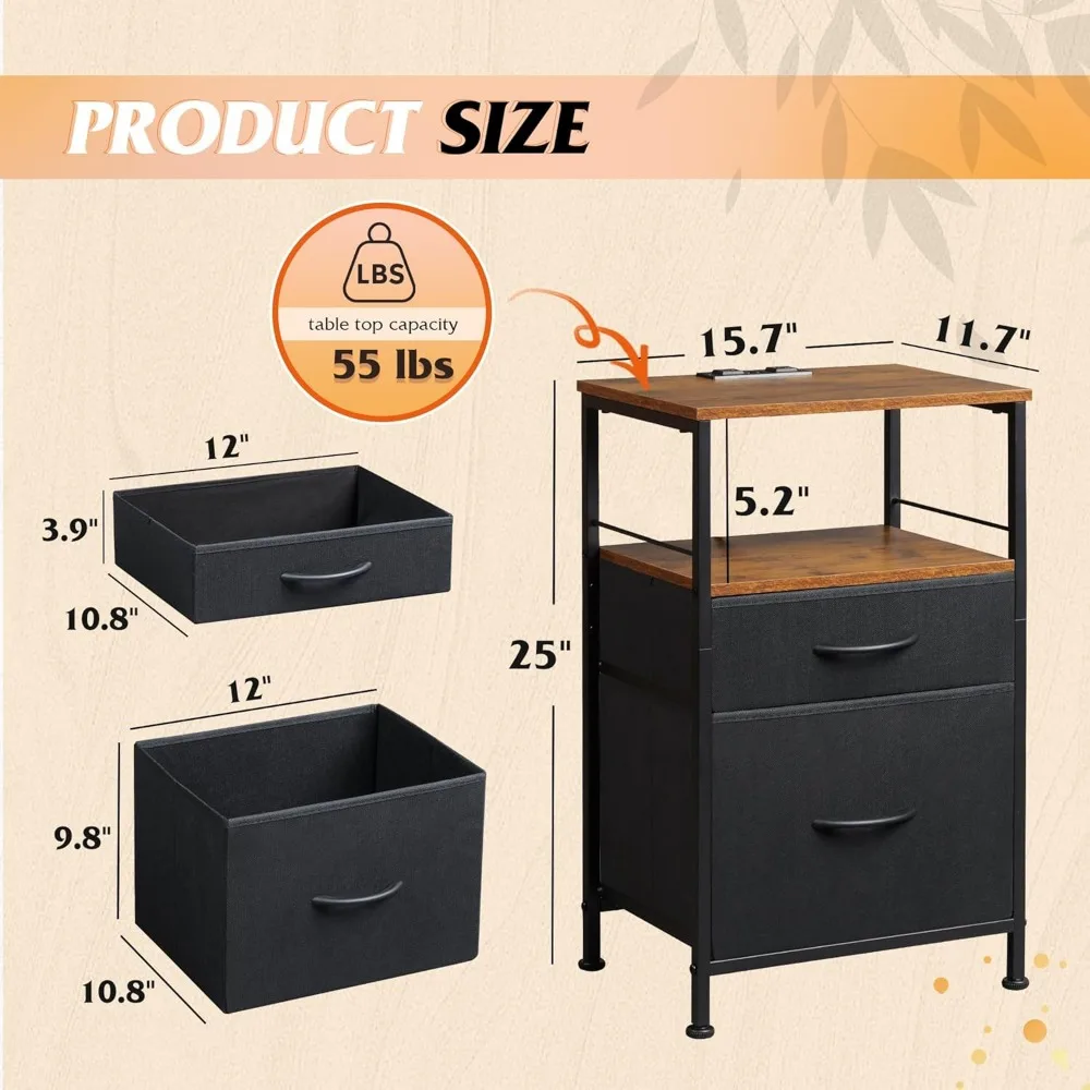 Laadstation nachtkastje set van 2, slaapkamerbijzettafels met stoffen lades, moderne nachtkastjes voor nachtkastjes