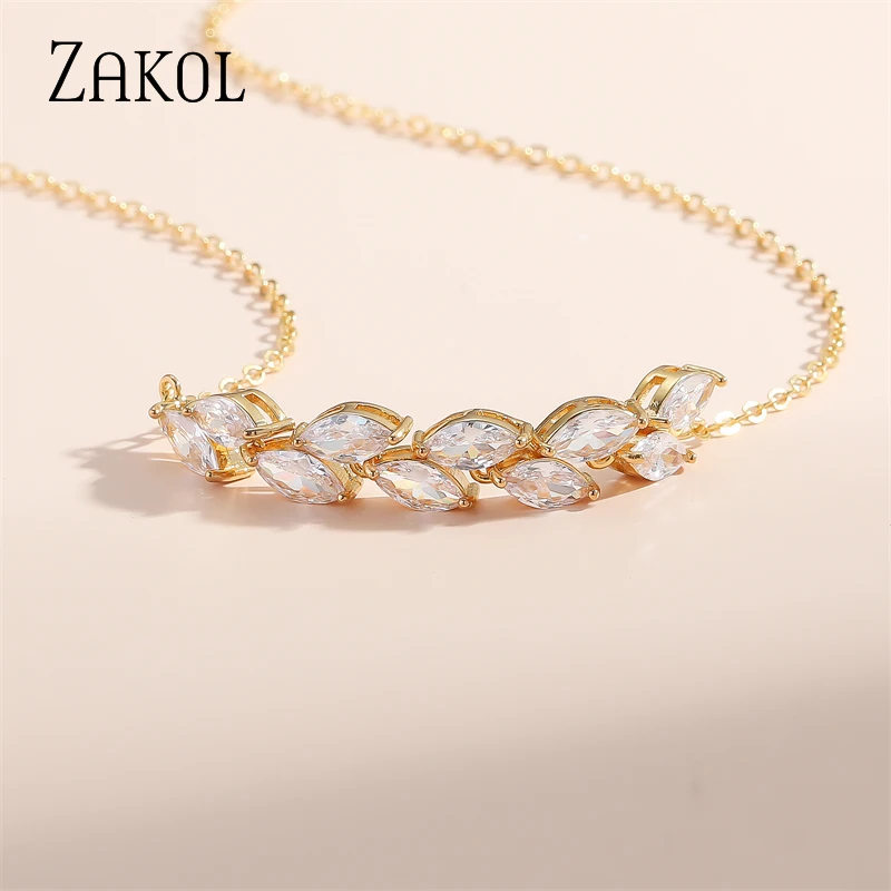 ZAKOL New Delicate Marquise Leaf Zircon Pendant Necklace for Women Shiny Cubic Zirconia Necklaces Bridal Party Jewelry