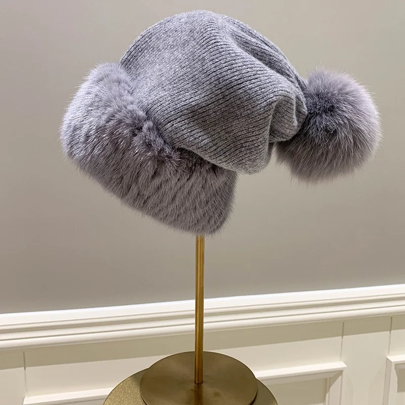 Women's Winter Casual Fur Hat Luxury Mink Fur Thermal Hat Fox Fur Ball Embellished Large Stretch Plush Ear Protection Hat