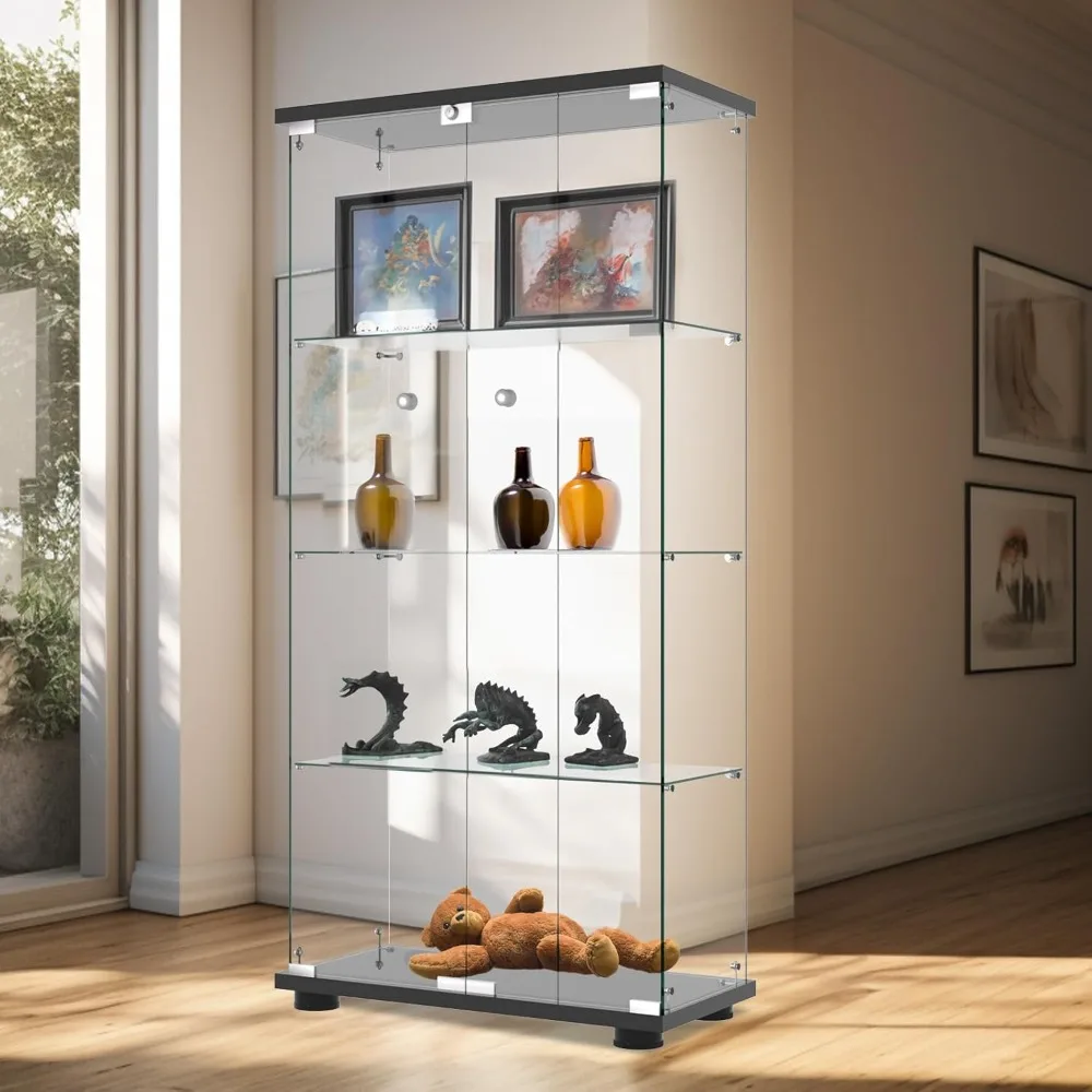 

Glass Display Cabinet with Double Door and Lock, Quick-Install Style 4-Shelf Curio Cabinet 5mm Tempered Glass Floor Standing