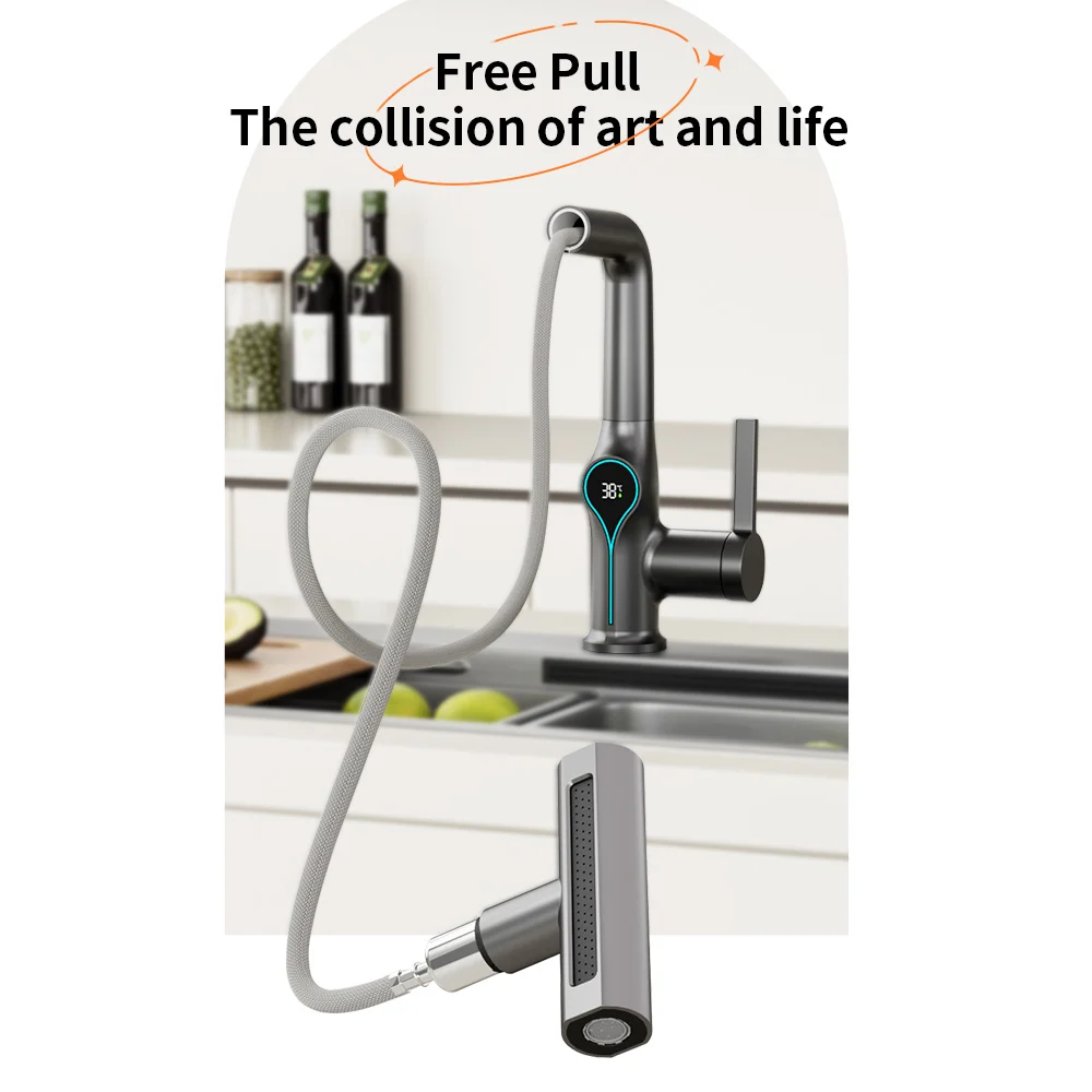 Waterfall Temperature Digital Display Kitchen Faucet Lift Up Down Stream Sprayer Hot Cold Water Sink Mixer Wash Tap For Bathroom