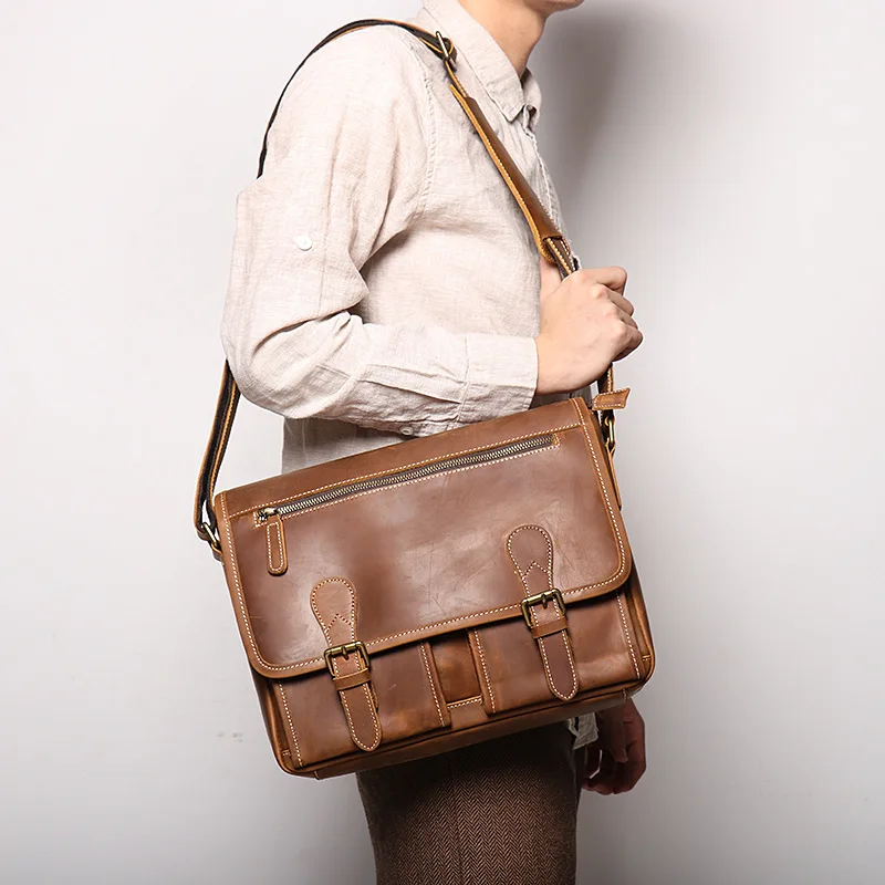 Large leather messenger bag for men real cowskin crossbody bags shoulder bags school bag of male for iPad PC big capacity