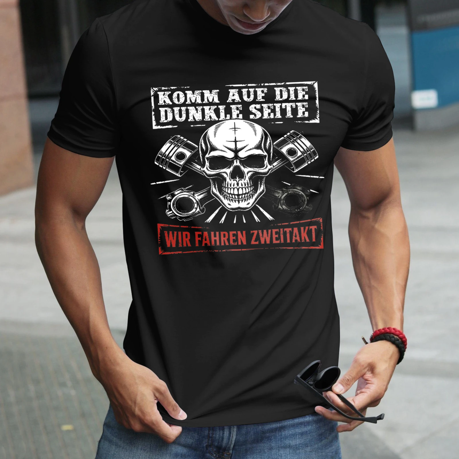 Herren-T-Shirt mit Totenkopf-Motiv, Motorkolben-Textdesign, perfekt für Freizeitkleidung, Partys und Karneval-Outfits