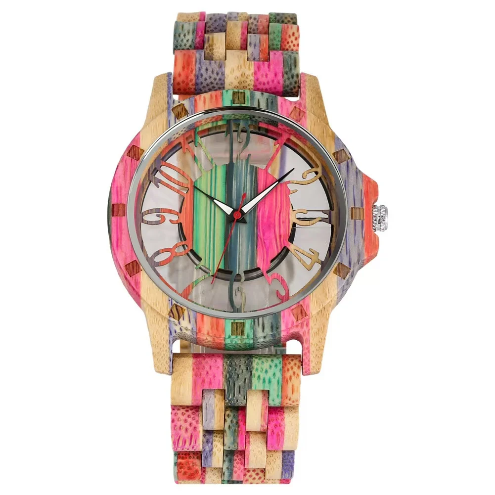 ساعة كوارتز خشبية جديدة متعددة الألوان للرجال، قرص مجوف ملون مبتكر، ساعة كوارتز خشبية للرجال