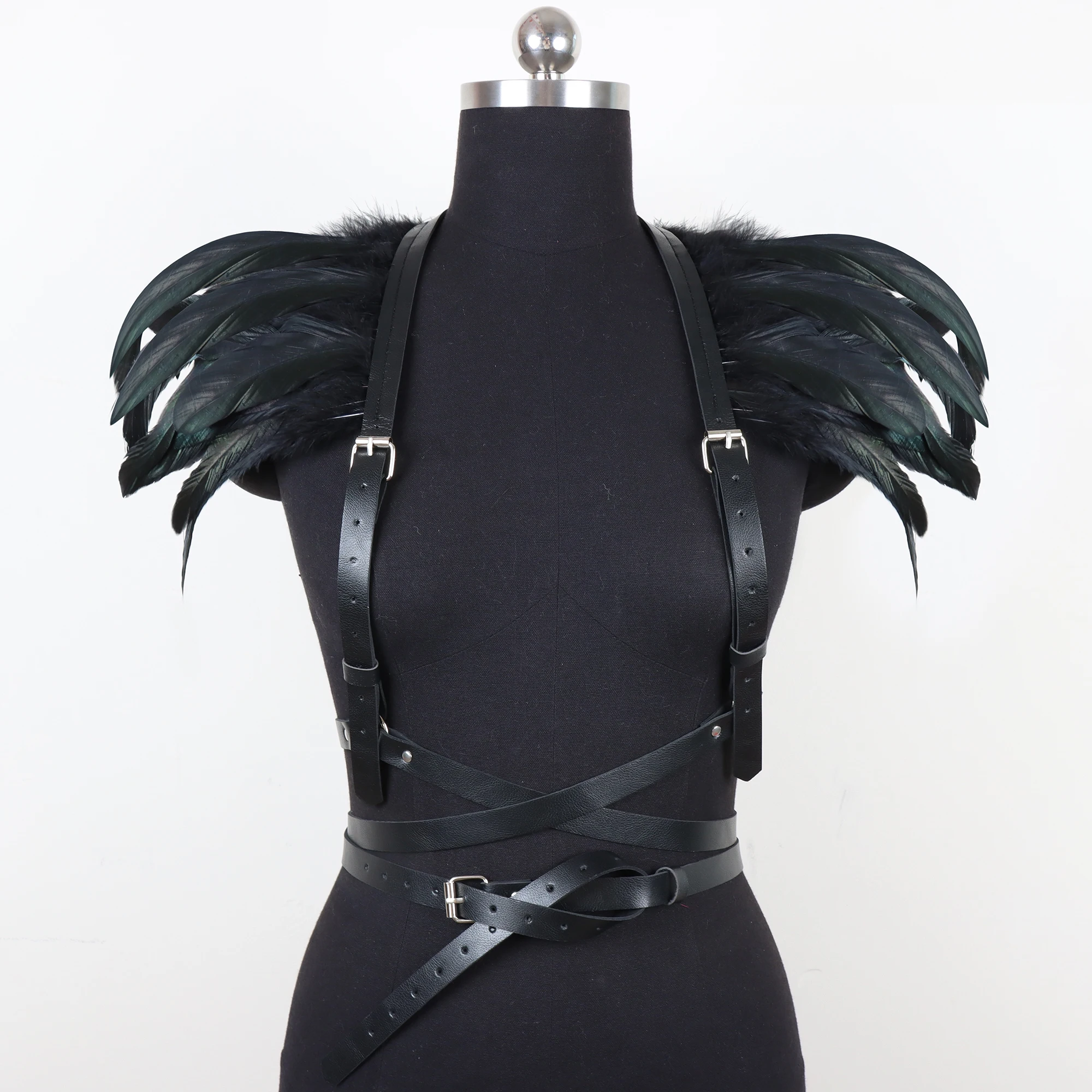 Women\'s Gothic Punk Style Feather Shoulder Armor Cape Vest Faux Leather Suspenders Halloween Masquerade Party Accessories