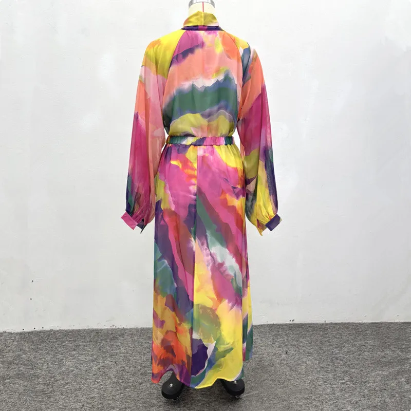 2026 New African Fashion Women Two Piece Dress Set colorfull printed Full Sleevle Lace Up Loose Blouse Top And Long Skirts Set image 5