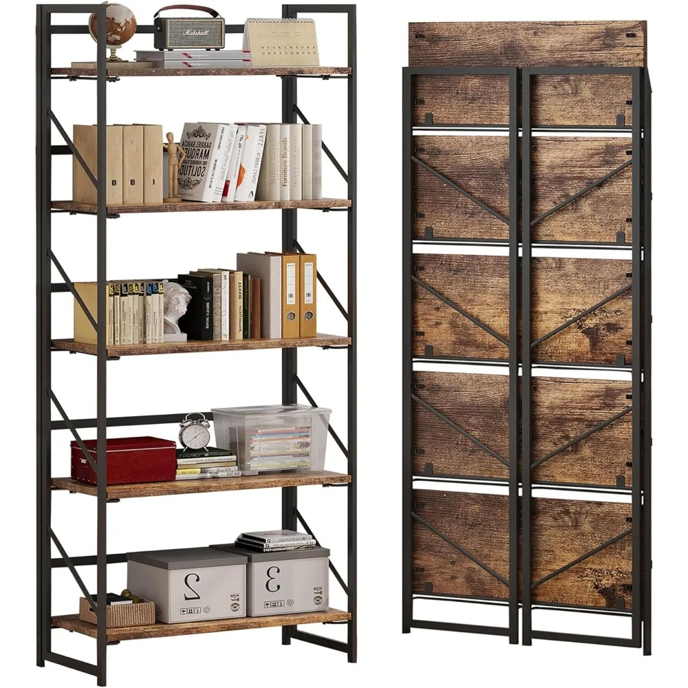 

No Assembly Folding Bookshelf, 5 Tier Industrial Metal Book Shelf for Storage, Vintage Wood Foldable Bookcase for Living Room,