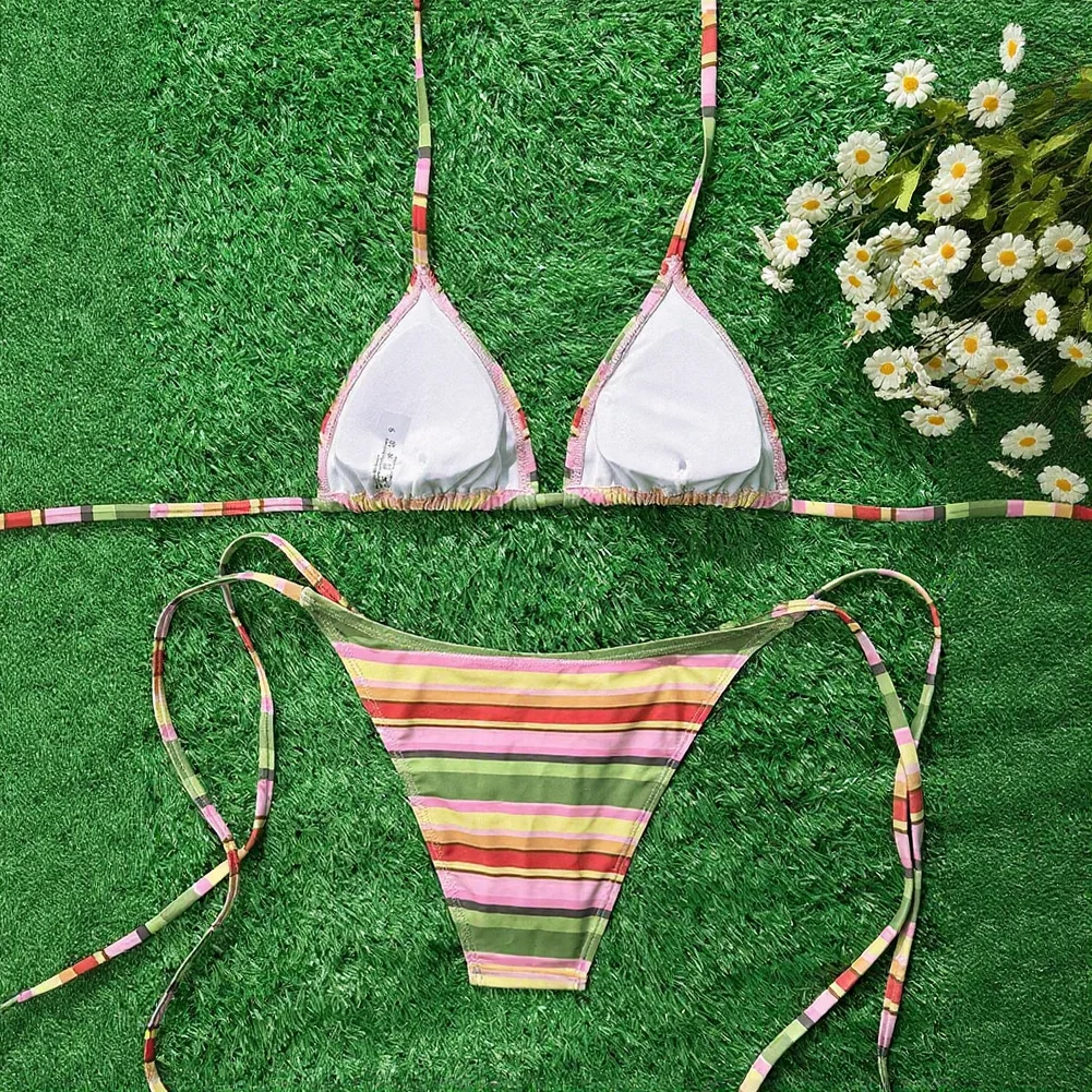 Striped Bikini Set For Women Adjustable Tie Side Two Piece Swimsuit Pink Green Beach Spa Bathing Suit XS To L