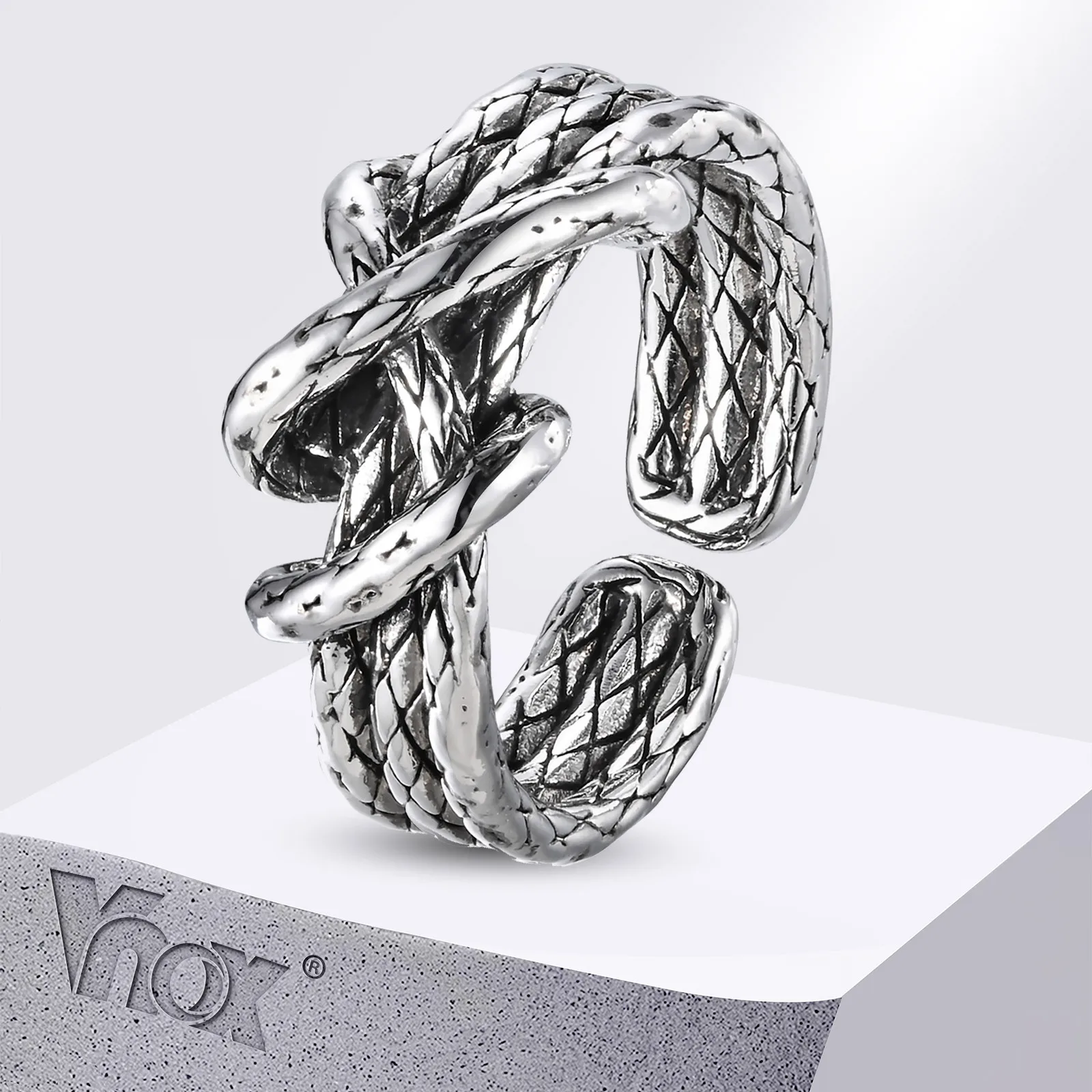 Vnox Twisted Snake Textured Ring for Men, Adjustable Punk Open Rings,Stacked Gothic Rattan Rings Jewelry