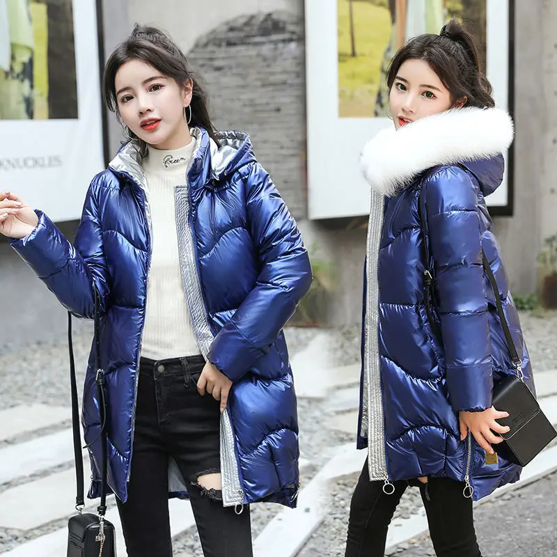 

Nice Winter Jacket Women's Parkas Hooded Big Fur Collar Down Cotton Jacket Glossy Long Parka Thick Padded Female Casual Outwear