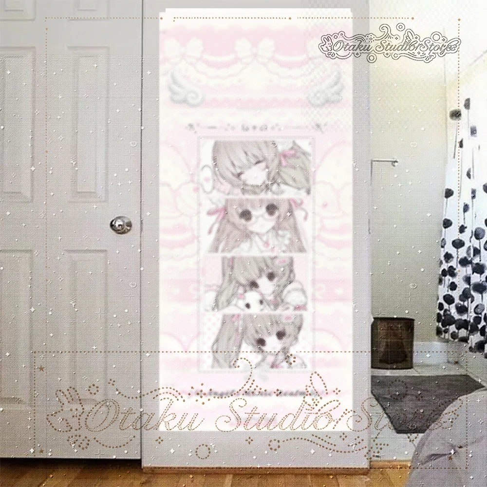 ゆるゆる Lace Bow Wing Decor Four-grid Anime Girl Vertical Tapestry Light Pink Sweet Lolita Door Wall Hanging