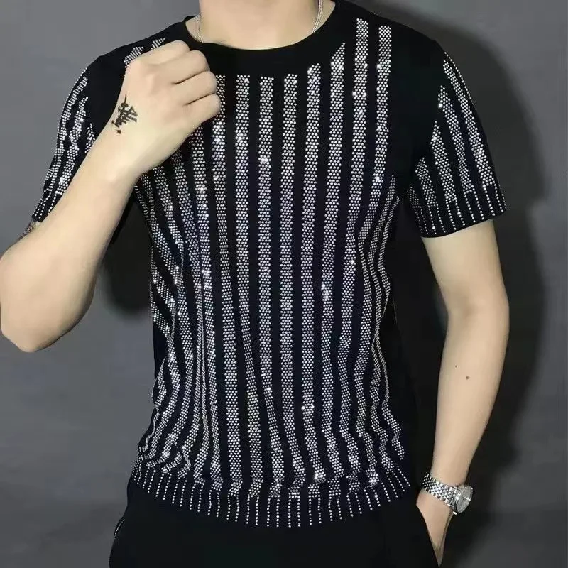 L-6X Hot drill t-shirt style Rhinestones men\'s short sleeve top quality man heavy industry T-shirt