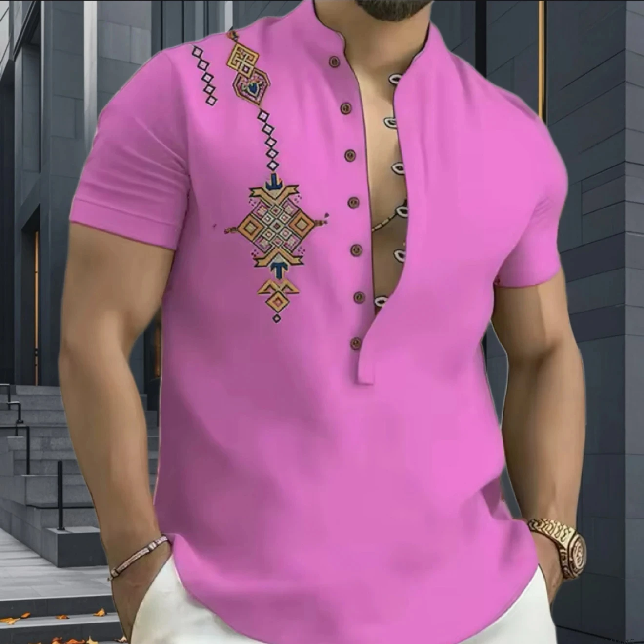 12 Colors Men's Tribal Print Shirts High Quality Men's Shirts Retro Geometric Print Short Sleeve Shirts Plus Size XS-6XL