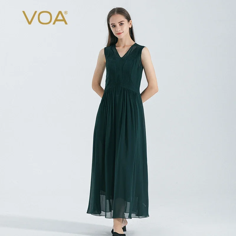 

VOA Malachite Green Double Layer Georgette Silk Dresses V-Neck Accordion Pleated Sleeveless Tie Loose Lightweight Dress AE1669
