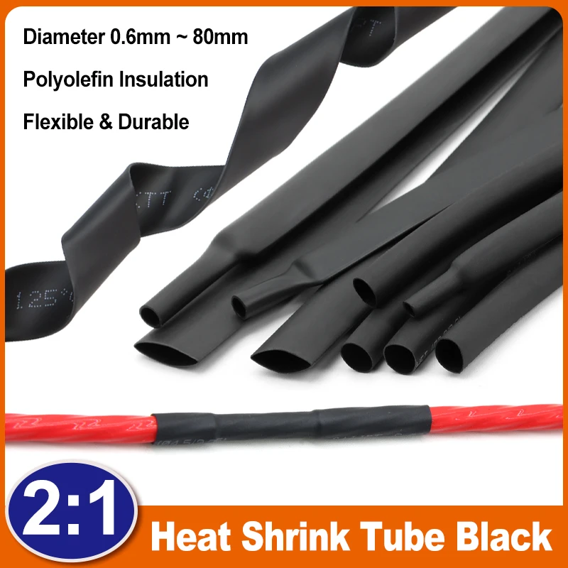 

2:1 Black Heat Shrink Tube 0.6mm ~ 80mm Diameter Polyolefin Shrinkable Sleeving Wrap Wire DIY Connector Repair Cable Protecctor