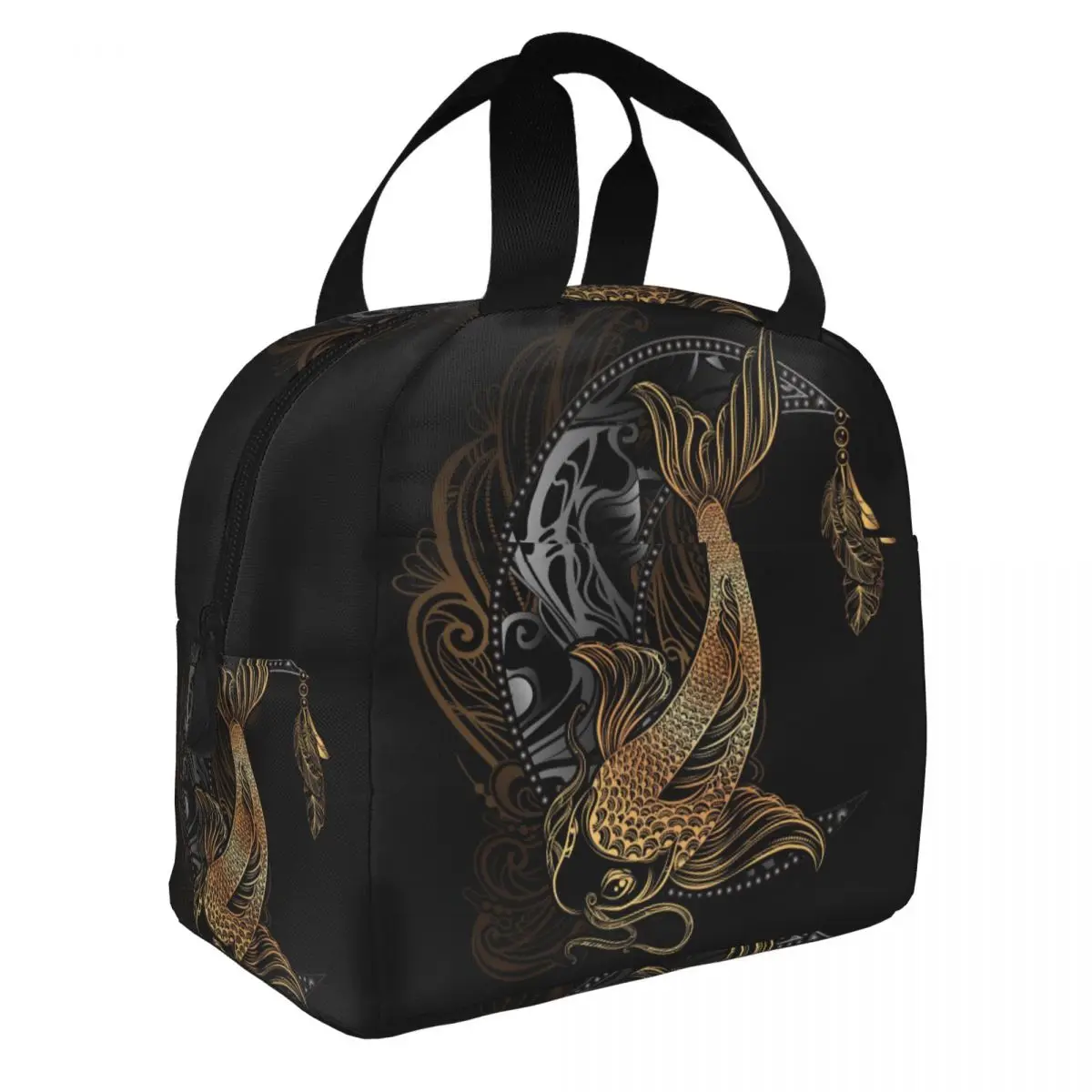 Gold Koi Carp With Lotus And Crescent Cooler Bag Portable Zipper Thermal Lunch Bag Convenient Lunch Box Tote Food Bag