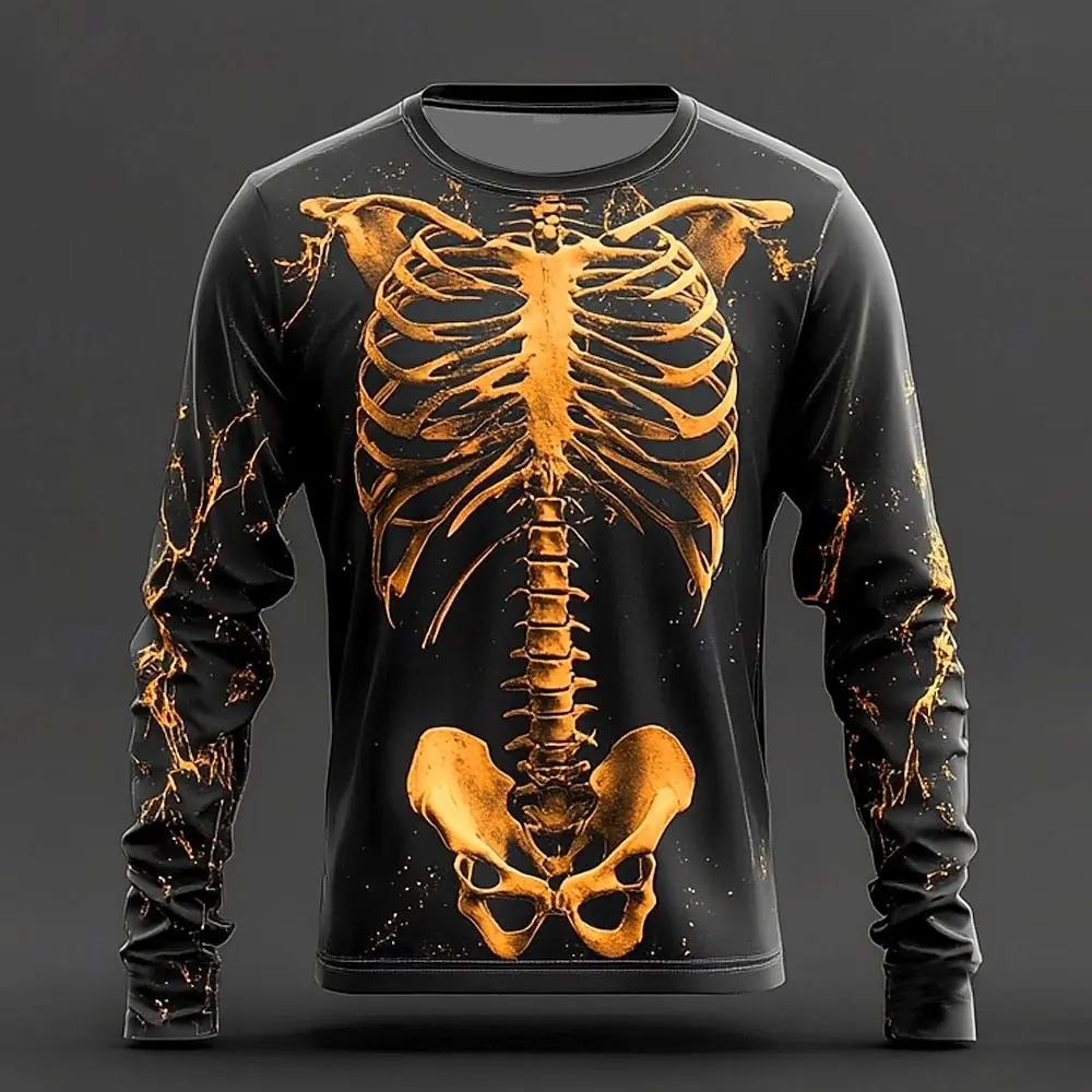 

Fashion Human Bones Pattern Men's Long Sleeve T-shirt Casual O-neck Cotton Loose Tops Funny 3D Skull Print Tees Autumn Clothing