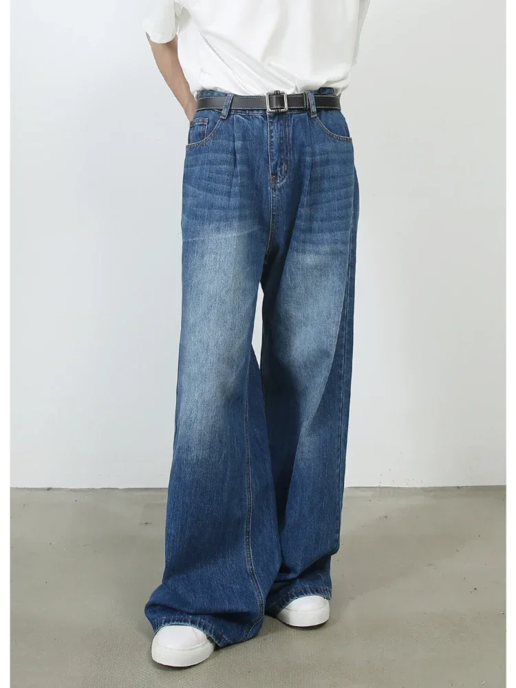 

Wide Leg Pants Men Floor Length Pant Denim Jeans Casual Loose Pocket High Waist Splice Solid Straight Trousers Autumn Winter