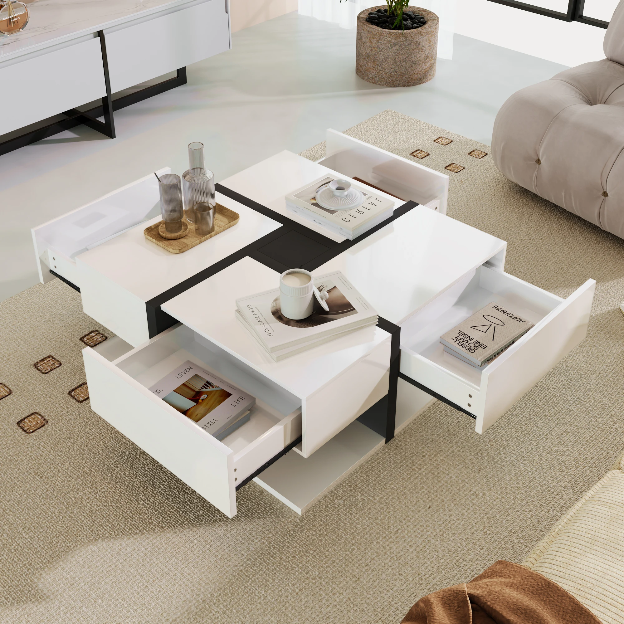 Coffee table 4 drawer table unique color and line design bottom storage space 78 * 78 * 36cm