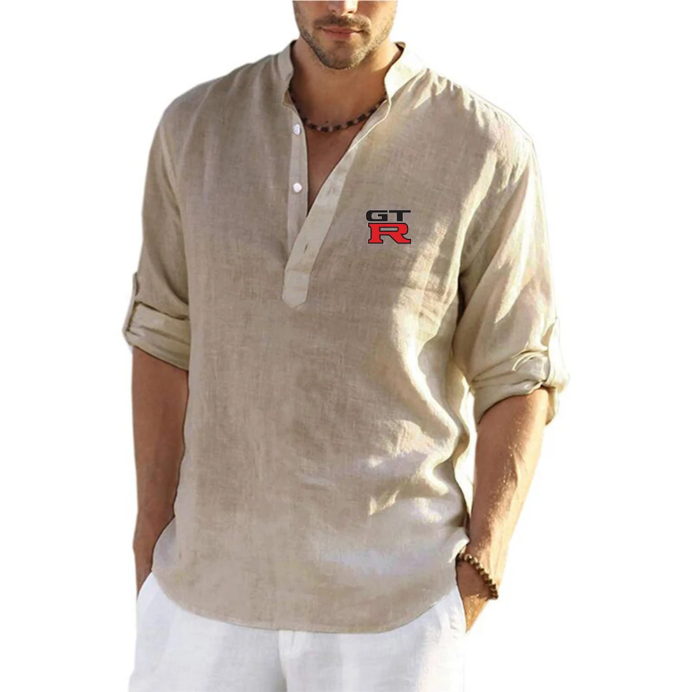Initial D GTR R35 Print 2026 Men's Cotton Linen Shirt Henley Neck Solid Color Lightweight Single Breasted Long Sleeve Button Up
