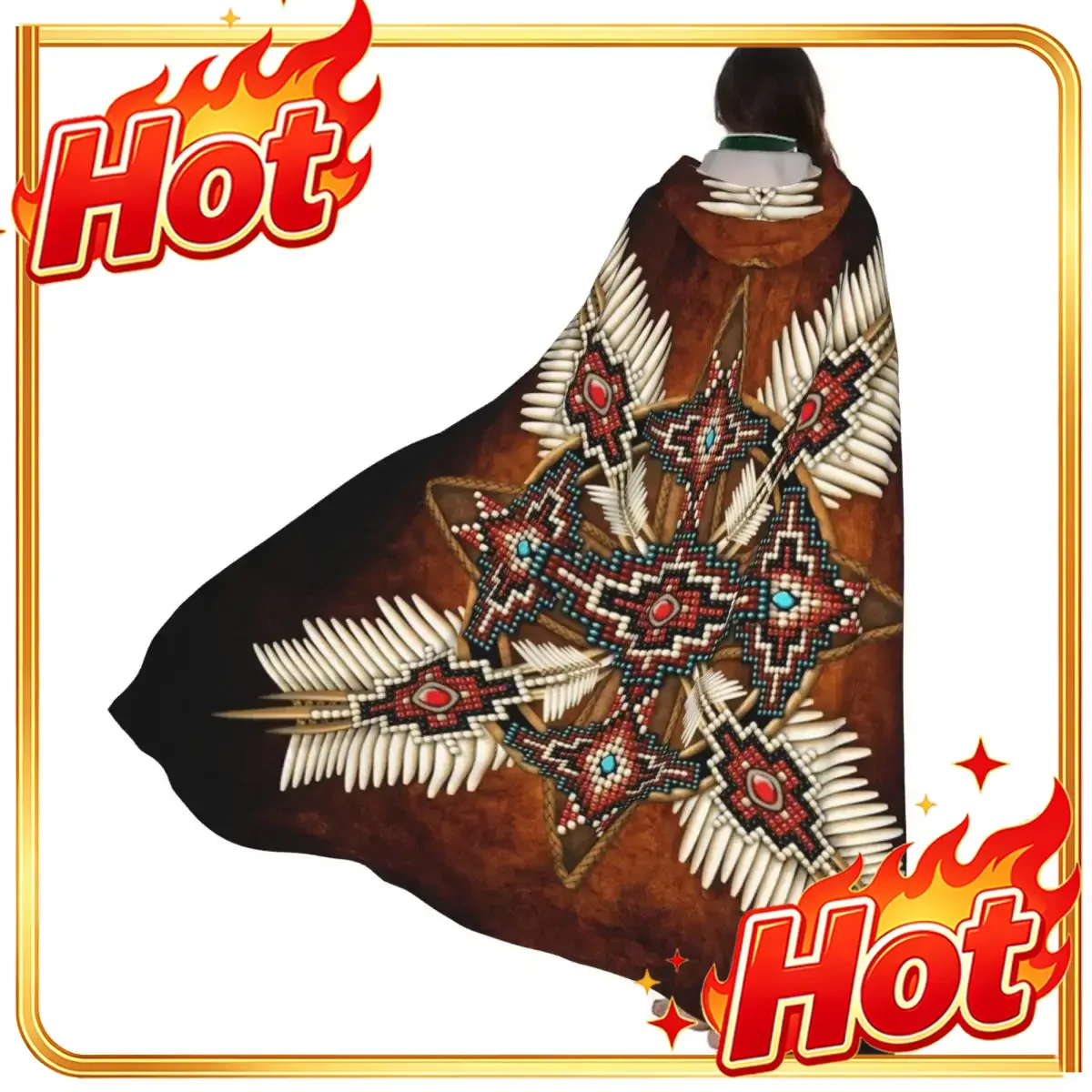 Native American Print Cloak Hooded Cosplay Costume Halloween Adult Long Party Cape