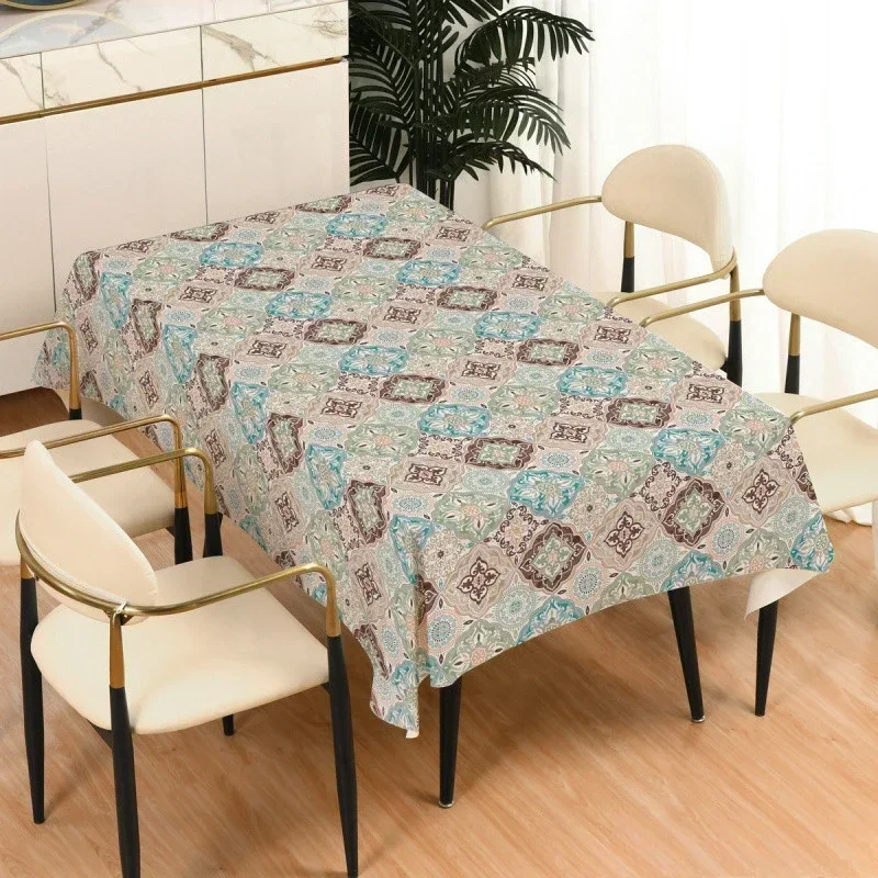 PU Ice Silk Waterproof Oil Proof Table Cover Anti Scald Printed Table Mat Household Ethnic Style Rectangular Dining Table Cloth