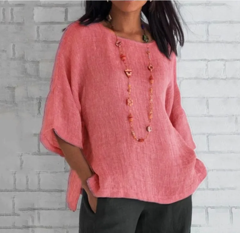 Plus Größe Baumwolle Bluse Shirts Sommer Oansatz Drei Viertel Lose Beiläufige Bluse Tops Sommer Kleidung Für Frauen Streetwear – Detail 7