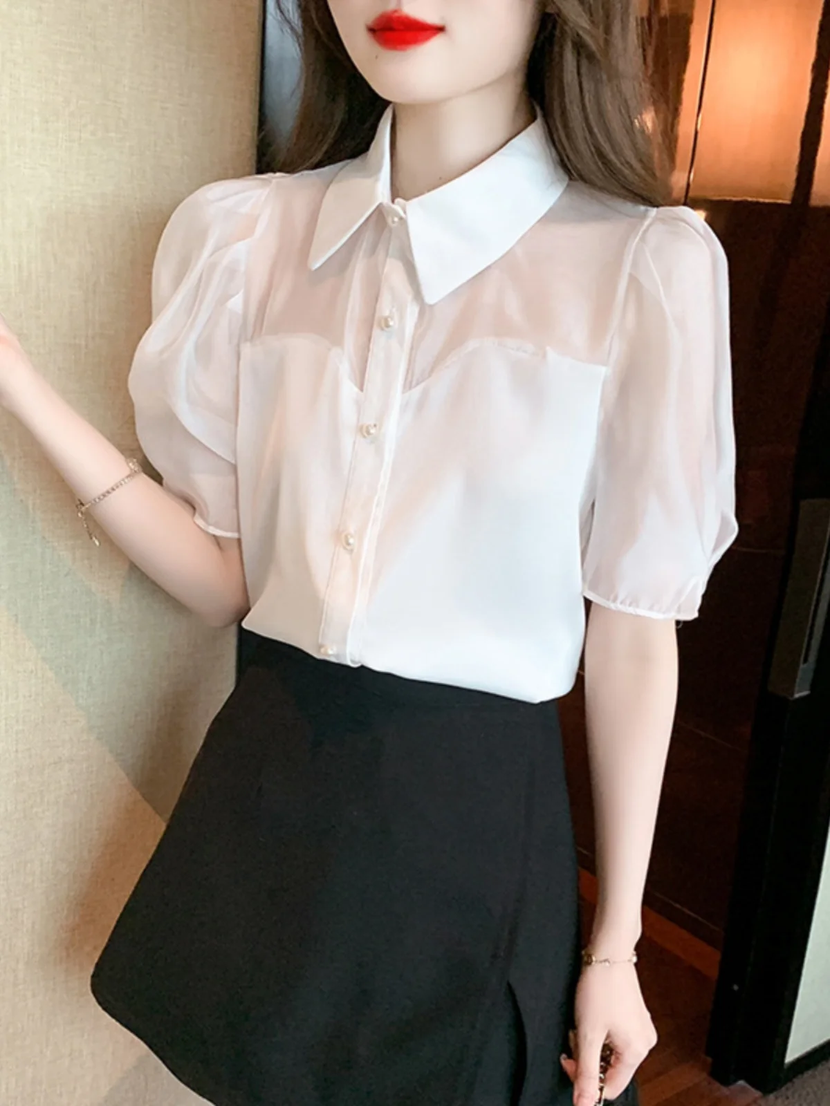 

Color Patchwork Satin ort Sve irt Women Pure Color Splicing Silk irt Slim Fit Summer T-irt Ladies Premium Faion