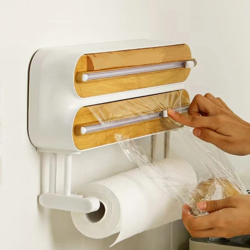 1 Roll Cling Film Cutter Magnetic Plastic Film Dispenser Wall Roll Holder White&Wood Color