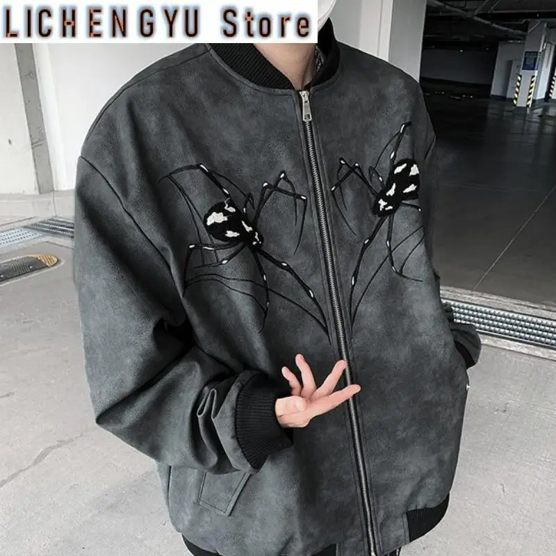 New Autumn Spider Embroidery Bomber Jacket Men PU Leather Coat Fashion Korean Streetwear Zip Up Baseball Outerwear Clothing Male