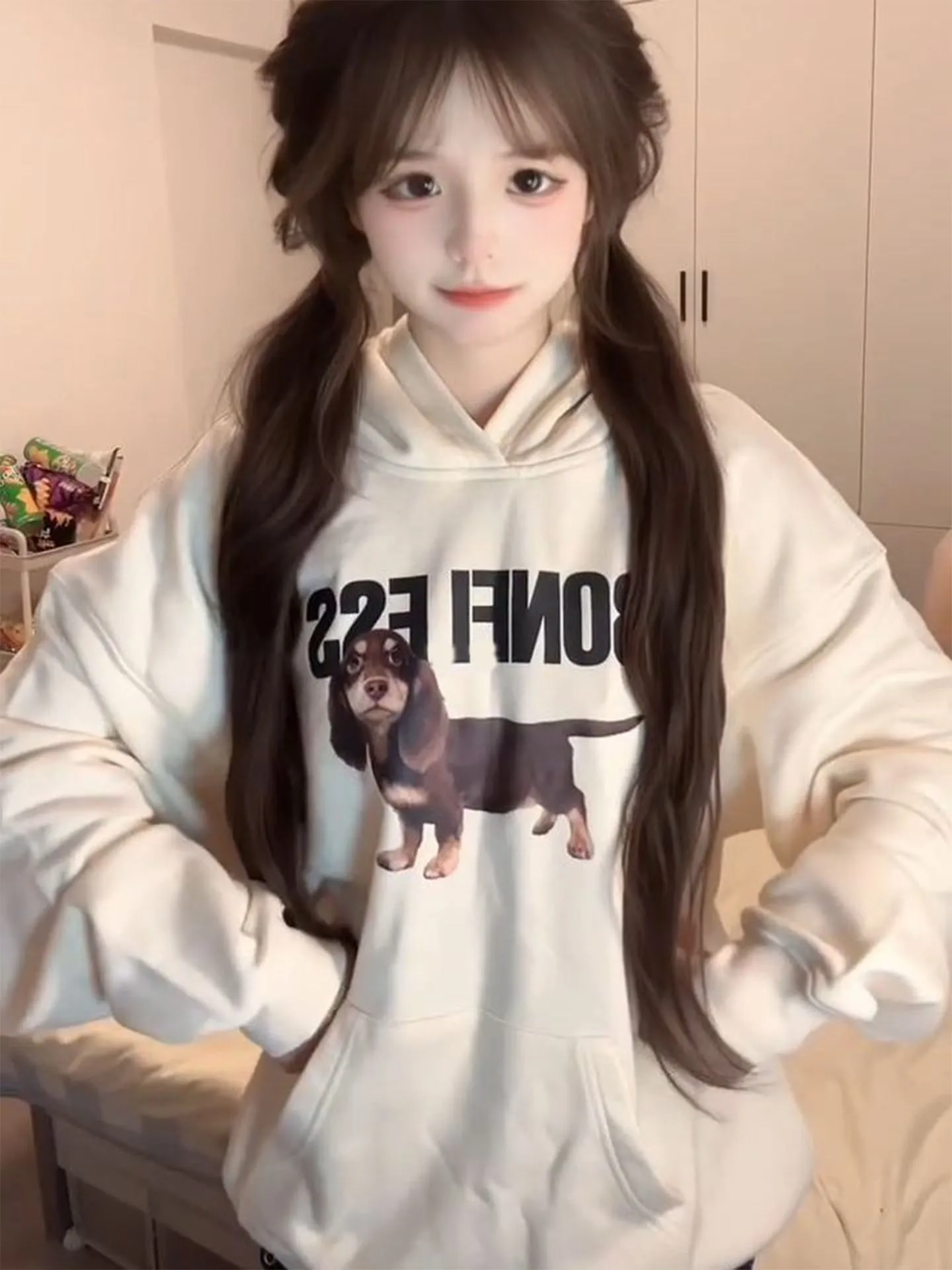 Loose Women's Hoodie Sweatirt Autumn Winter Sausage Dog Letter Print Light Tawny Color Hooded Jaet Casual Versatile Top