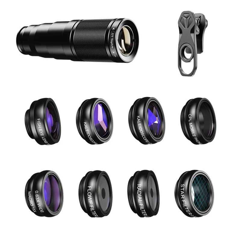 10 In 1 Mobile Phone Lens Kit 22X Telephoto Lens Fisheye Lens+Wide Angle Macro Lens+CPL Filters For All Smartphones