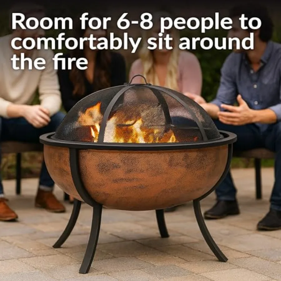 Outdoor wood-burning fire pit for backyard use, steel construction, black finish, rust-resistant and portable design