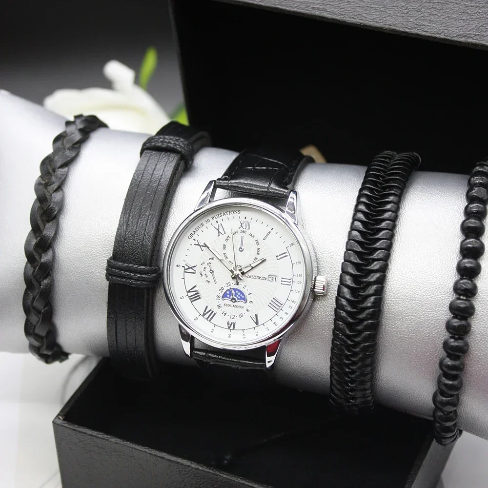 5pcs Set Classic Fashion Quartz Watches Men´s Sports Watches Gentleman Watch Bracelet Box Gift for Men Watch Unique Watches